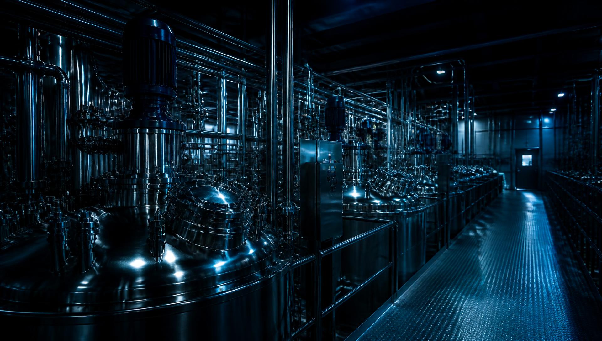 Stainless steel reactor hall at the Standard Reagents manufacturing plant